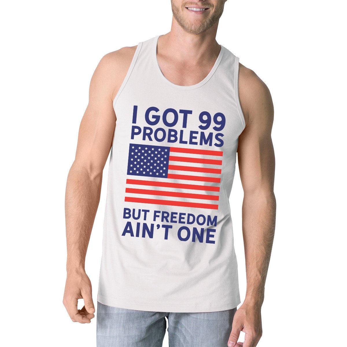 Freedom Ain't One Mens White Cotton Tank Top for Fourth of July-Gains Everyday