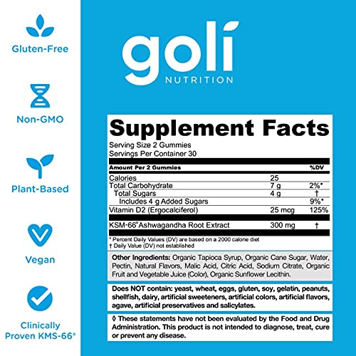 Goli® Ashwagandha & Vitamin D Gummy (Mixed Berry, KSM-66, Vegan, Plant Based, Non-GMO, Gluten-Free & Gelatin Free)-Gains Everyday