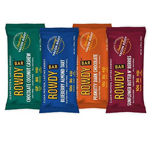 ROWDY BAR Prebiotic Protein Bar Gluten Free, Non GMO, Low Glycemic (Variety Pack, 8 Bar Variety)-Gains Everyday