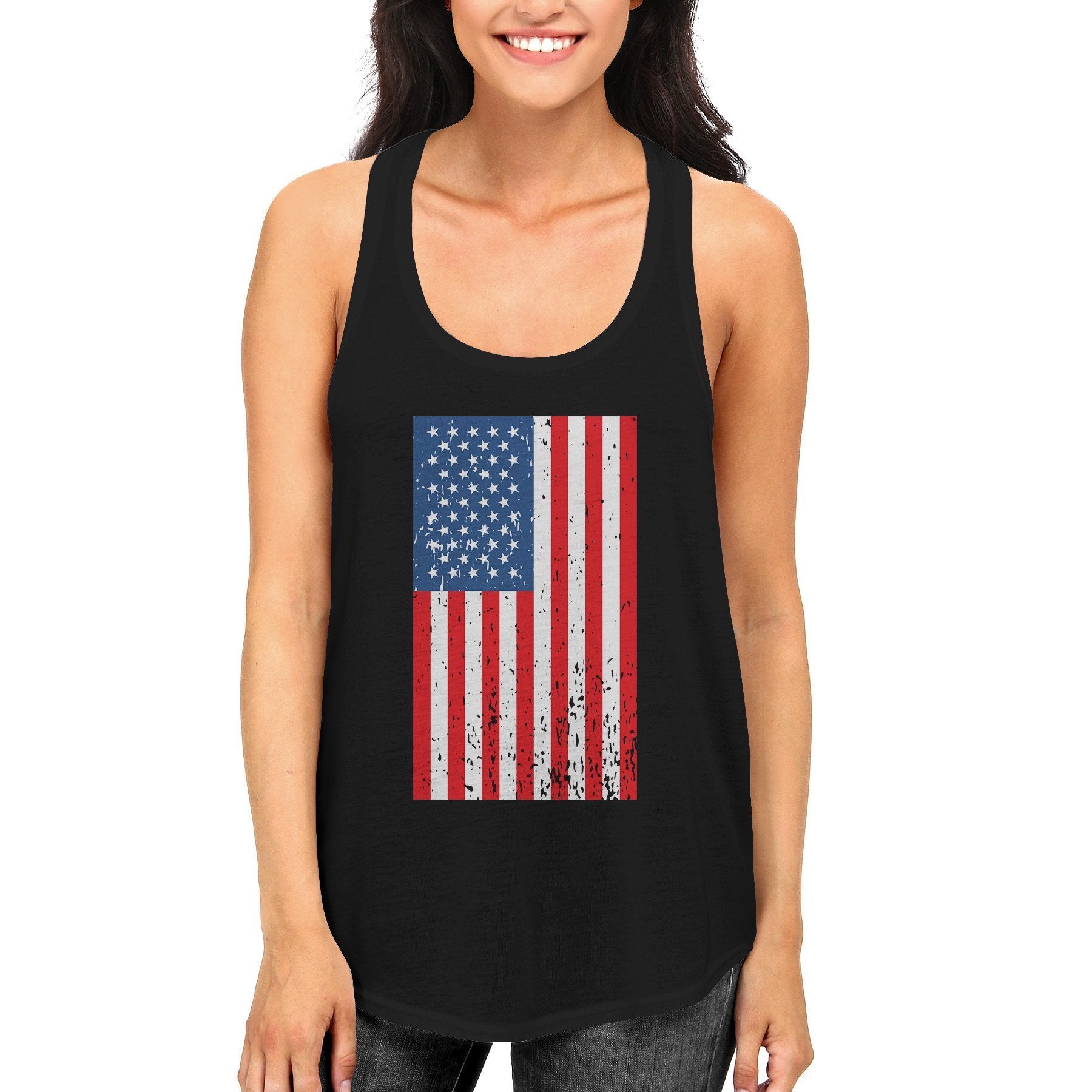 Distressed American Flag Black Women's Tank Tops for Independence Day-Gains Everyday