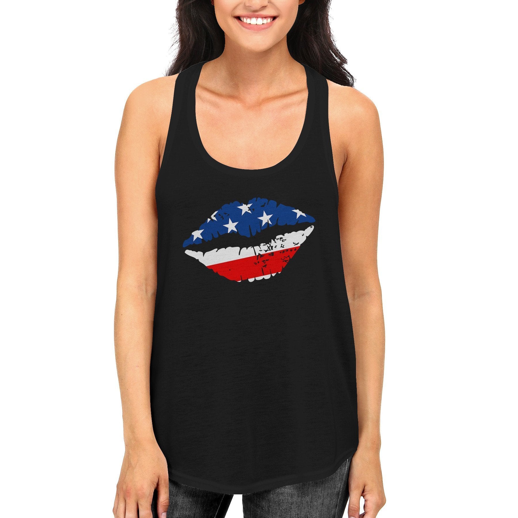 July 4th American Flag Lip Tank Top for Women Cute Racerback Tank-Gains Everyday